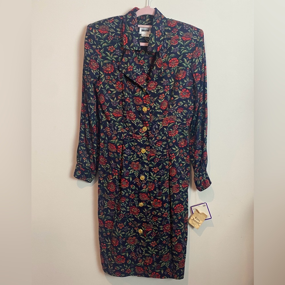 90s Vintage Dark Floral Leslie Fay Long Sleeve Button Down Dress